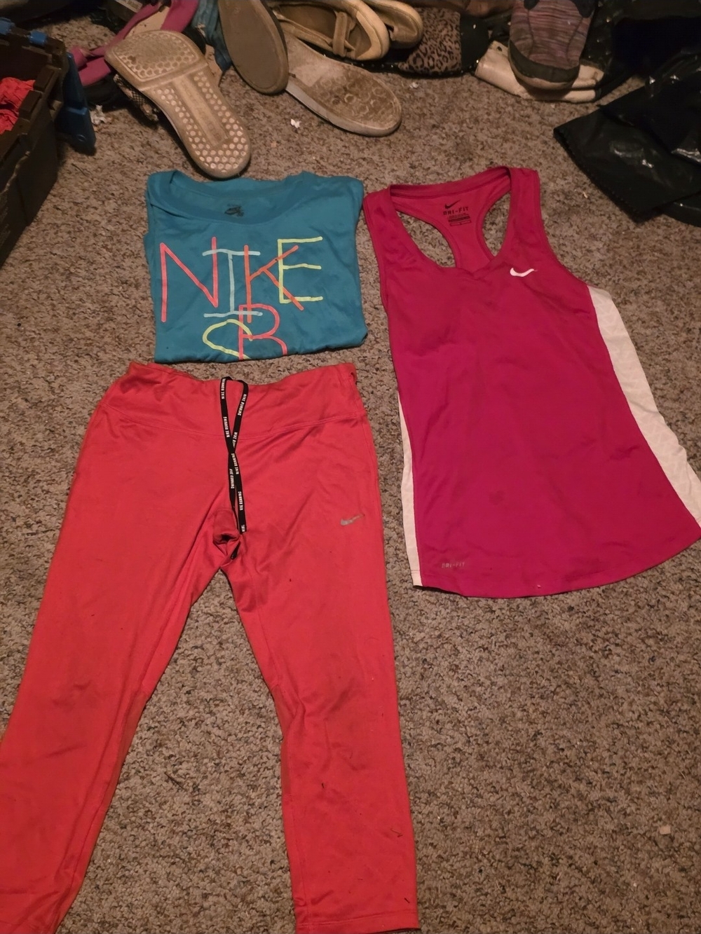 Nike Three-Piece Workout Set - Teal Top, Hot Pink Tank & Red Leggings - Picture 3 of 6